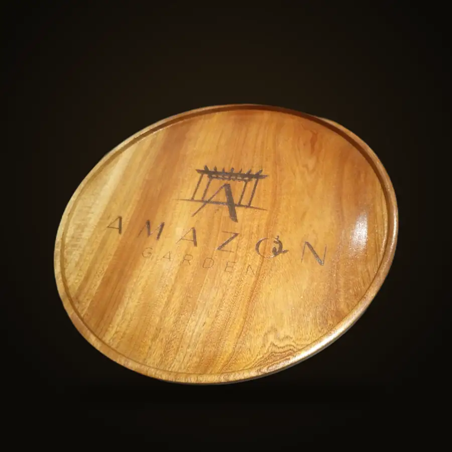 Round service platter engraved for Amazon Garden